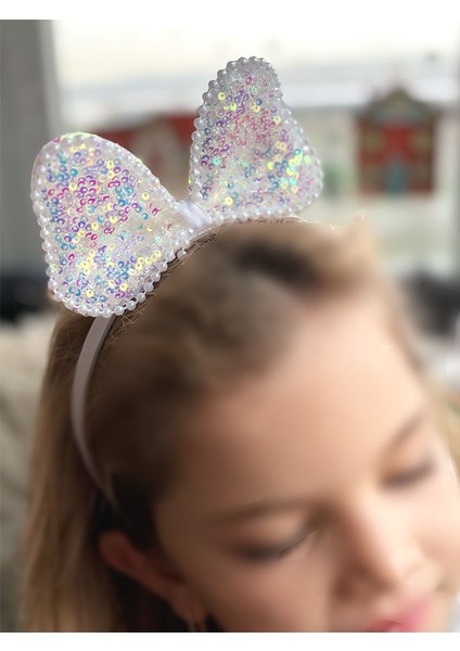 Trend Parlak Hologram Yanar Döner Pullu Büyük Fiyonklu Incili Minnie Mouse Taç Beyaz fiyatları