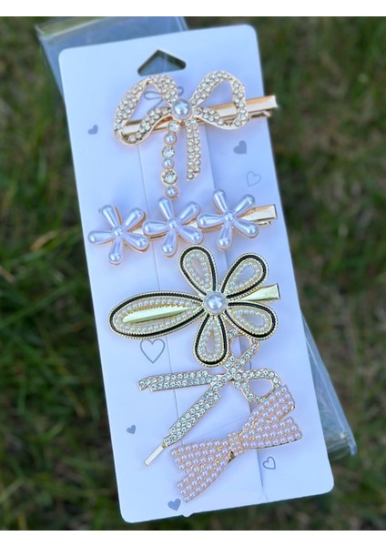 Lüks Kristal Taşlı Gold Metal Yan 5li Toka Seti Fiyonk Çiçek Inci Papatya Makas Pens Kadın Çocuk