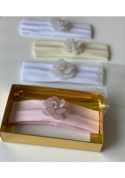 Pembe Kristal Çiçek Broşlu Bebek Saç Bandı Esnek Yumuşak Pamuklu Saç Bandı