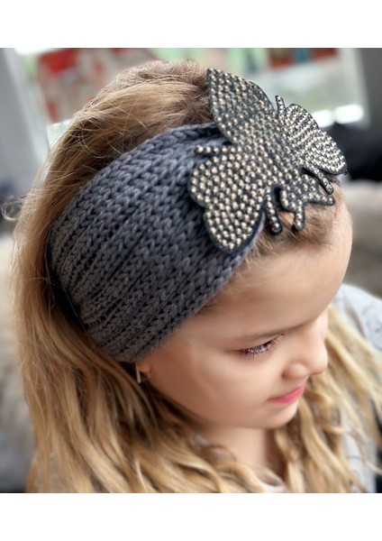 Trend Moda Lüks Kadın Çocuk Örgü Örme Zımba Taş Broş Logolu Bandana Saç Bantı Kulaklık Gri Arı Sinek fiyatları