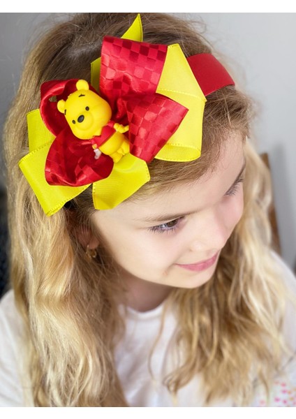 Özel Lüks Tasarım Disney Winnie The Pooh Ayıcık Fiyonklu Kırmızı Sarı Saten Taç Çocuk Tacı
