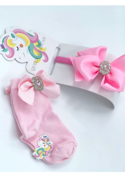 Özel Tasarım Lüks Set Metal Kristal Taş Broşlu Kız Bebek Çorap Saç Bantı Lastik Bandana Pembe