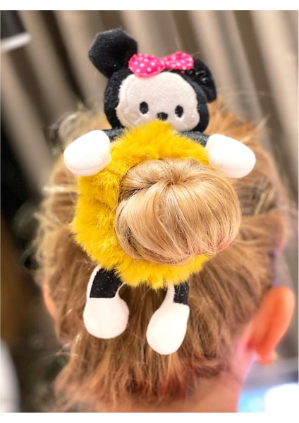 Pofuduk Tüylü Peluş Minnie Mouse Oyuncak Lastik Toka Yetişkin Çocuk Tokası Sarı