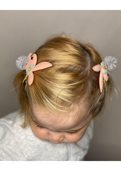 Özel Tasarım Tavşan Taşlı Ponponlu Çocuk Bebek 2li Toka Set Mint Pembe modelleri