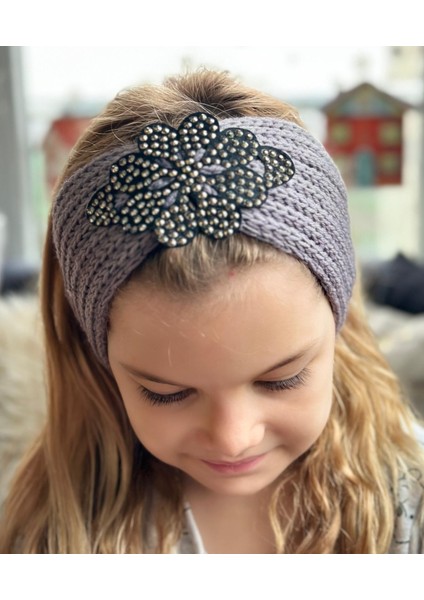 Trend Moda Lüks Kadın Çocuk Örgü Örme Zımba Taş Broş Logolu Bandana Saç Bantı Kulaklık Gri Otantik fiyatları