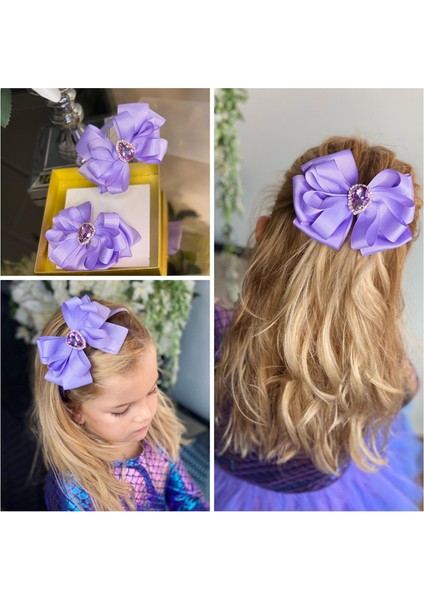 Özel Tasarım Lila Mor Kristal Taşlı Ikili Fiyonk Taşlı Taç Seti Çocuk Yetişkin