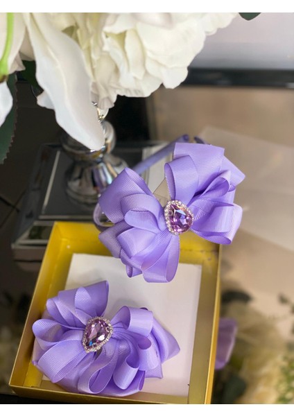 Özel Tasarım Lila Mor Kristal Taşlı Ikili Fiyonk Taşlı Taç Seti Çocuk Yetişkin modelleri