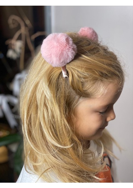 Peluş Tüylü Pudra Pembe Büyük Ponpon 2 Li Toka Seti Metal Pens