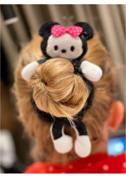 Pofuduk Tüylü Peluş Minnie Mouse Oyuncak Lastik Toka Yetişkin Çocuk Tokası Siyah