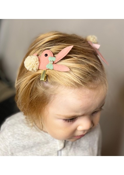 Özel Tasarım Tavşan Taşlı Ponponlu Çocuk Bebek 2li Toka Koyu Pembe