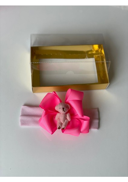 Neon Pembe Peluş Mini Ayıcıklı Fiyonk Kurdeleli Yumuşak Saç Bandı Bebek Tokası Band
