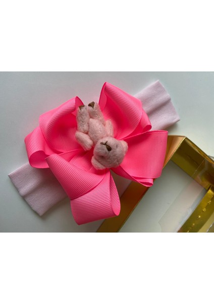 Neon Pembe Peluş Mini Ayıcıklı Fiyonk Kurdeleli Yumuşak Saç Bandı Bebek Tokası Band fiyatları