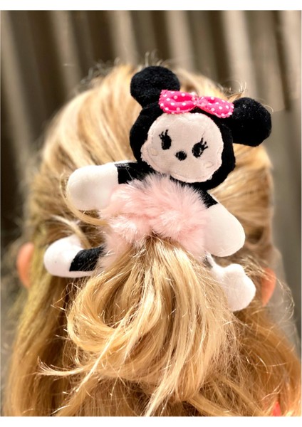 Pofuduk Tüylü Peluş Minnie Mouse Oyuncak Lastik Toka Yetişkin Çocuk Tokası Pembe