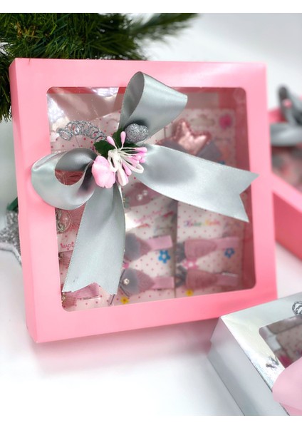 Lüks Pembe Kutulu 12 Parça Bebek Çocuk Taşlı Toka Aksesuar Hediye Seti Tavşan Yıldız Kedi