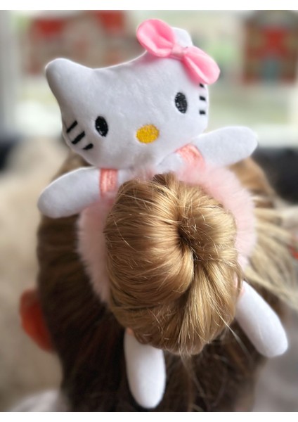 Sevimli 3D Boyutlu Oyuncak Peluş Tüylü Büyük Hello Kitty Kedi Toka Lastikli Kadın Çocuk Tokası Pembe