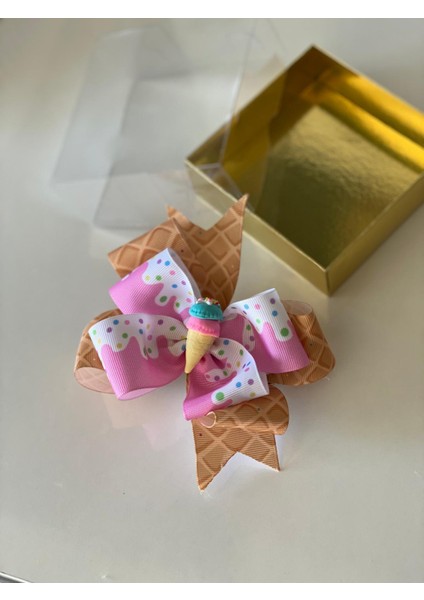Renkli Ice Dondurma Figürlü Pembe Kornet Metal Klipsli Anne Kız Çocuk Tokası