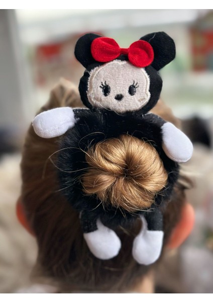 Sevimli Büyük 3D Boyutlu Oyuncak Peluş Tüylü Büyük Minnie Mouse Fare Toka Lastikli Kadın Çocuk Siyah