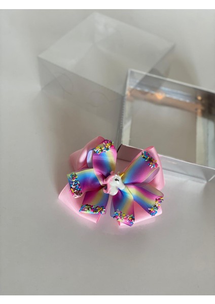 Açık Pembe Unicornlu Gökkuşağı Kız Çocuk Bebek Doğum Günü Hediye Klipsli Toka