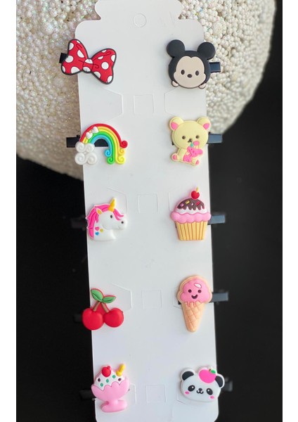 10 Lu Mini Figürlü Mickey Fiyonk Meyve Unicorn Dondurma Gökkuşağı Bebek Çocuk Toka Seti No1