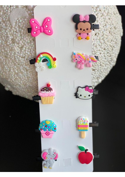 10 Lu Mini Figürlü Minnie Cupcake Unicorn Fiyonk Gökkuşağı Bebek Çocuk Toka Seti No4