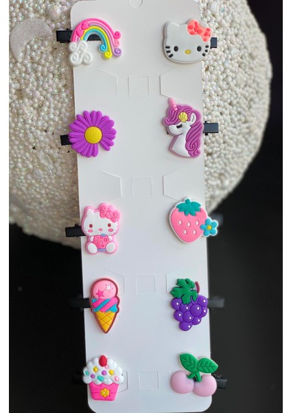 10 Lu Mini Figürlü Hello Kitty Dondurma Unicorn Meyve Gökkuşağı Bebek Çocuk Toka Seti No5