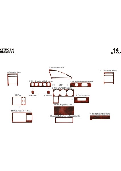 Meriç® Citroen Berlingo Ön Torpido Kaplama Maun 14 Parça 1996-2002