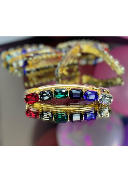 Gold Altın Metal Lüks Renkli Kristal Cam Taşlı Muz Toka Dikdörtgen Kare Model