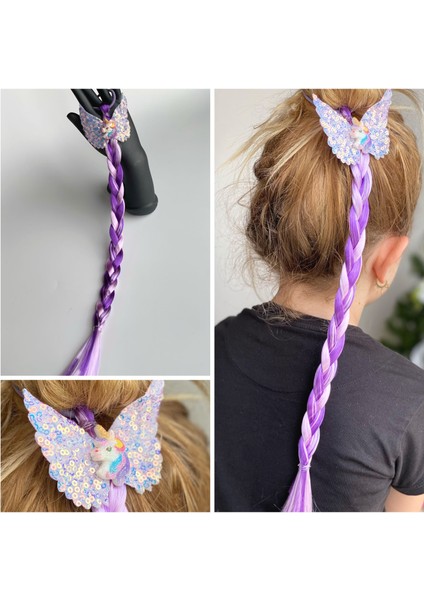 Pullu Melek Kanatlı Unicorn Parlak Lila Mor Rapunzel Uzun Örgü Saç Postiş Toka