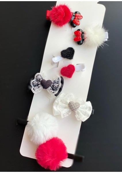 Sevimli Ponpon Tüylü Minnie Mouse Fiyonk Kalp Toka Seti Kırmızı Beyaz Siyah