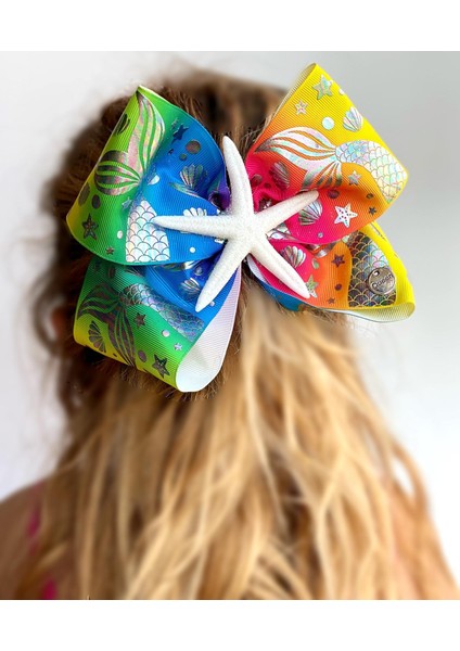 Özel Tasarım Jojo Siwa Büyük Fiyonk Hologram Parlak Denizkızı Simli Yıldız Klipsli Toka
