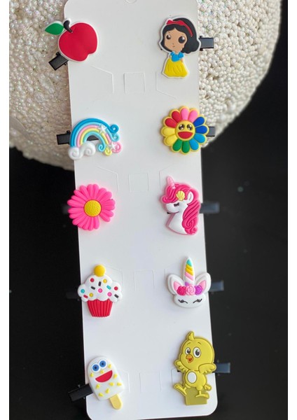 10 Lu Mini Figürlü Prenses Çiçek Meyve Unicorn Dondurma Gökkuşağı Bebek Çocuk Toka Seti No2