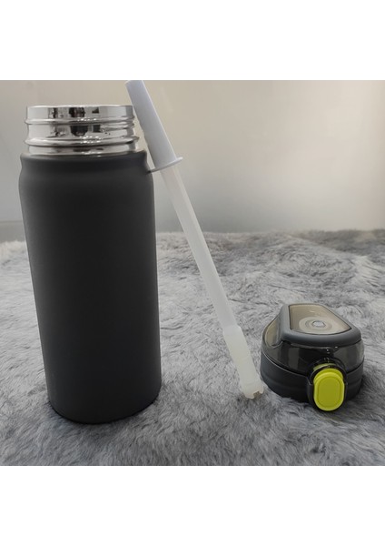 304 L Çelik Siyah 600 ml Askılı ve Pipetli Matara Suluk CIN411SY