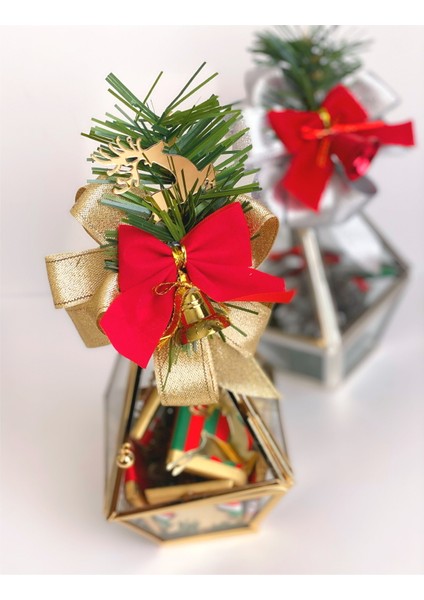 Yeni Yıl Yılbaşı Hediyesi Lüks Camlı Prizma Metal Fanus Madlen Ayna Süslü Çikolata Küçük Altın