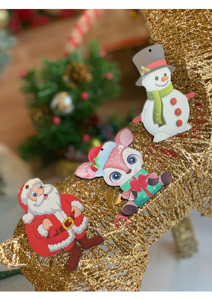 Yeni Yıl Yılbaşı Özel Ahşap Çam Ağacı Süsü Noel Baba Geyik Kardan Adam 3lü Set