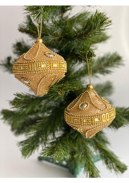 Yeni Yıl Yılbaşı Özel Lüks Otantik Işlemeli Motifli Simli Ayna Taşlı Büyük Çam Ağacı Süsü 2 Li Gold