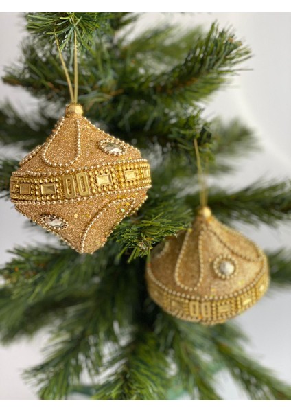 Yeni Yıl Yılbaşı Özel Lüks Otantik Işlemeli Motifli Simli Ayna Taşlı Büyük Çam Ağacı Süsü 2 Li Gold modelleri