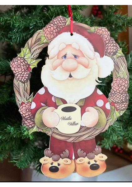 Yeni Yıl Yılbaşı Ahşap Büyük Sevimli Noel Baba Çelenk Çam Ağacı Kapı Duvar Dekorasyon Süsü