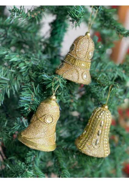 Ithal Lüks Koleksiyonluk Yeni Yıl Yılbaşı Otantik Işlemeli 2li Çam Ağacı Süsü Çan Zil Altın