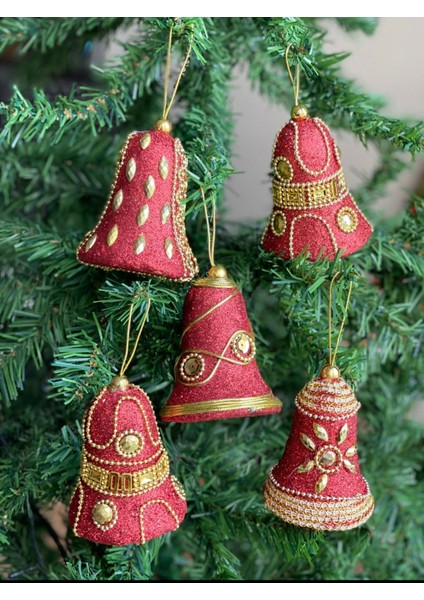 Ithal Lüks Koleksiyonluk Yeni Yıl Yılbaşı Otantik Simli Işlemeli 2li Çam Ağacı Süsü Çan Zil