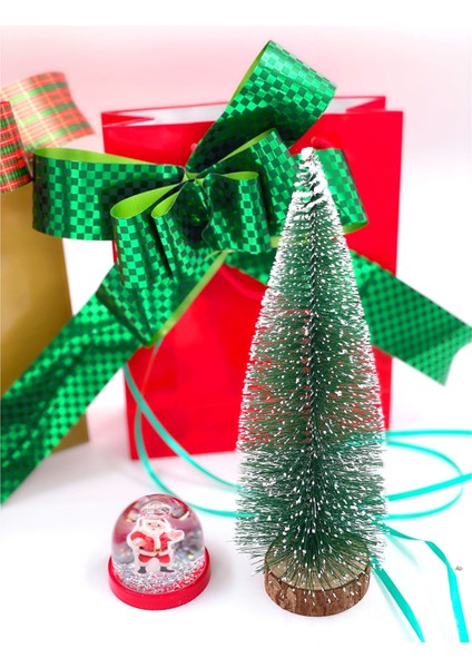 Lüks Karlı Diken Dekorasyon Masa Çam Ağacı 30CM Noel Baba Kar Küresi Hediye Seti Çantalı