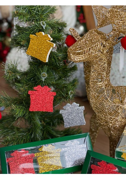 Yeni Yıl Yılbaşı Hediye Paket 12 Li Simli Parlak Çam Ağacı Süs Strafor Set Kutulu Gold Gümüş Kırmızı