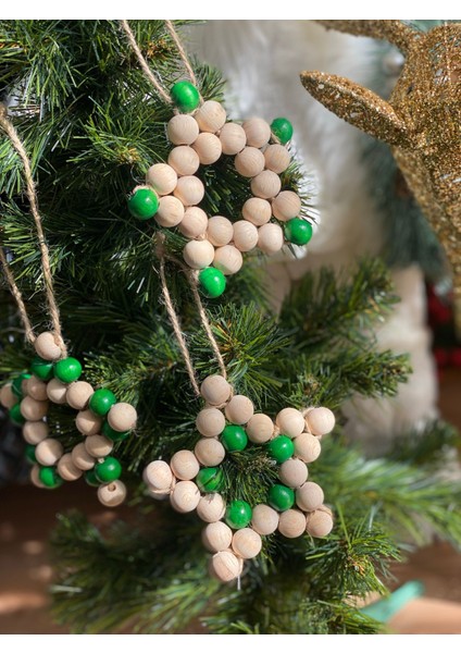 Yeni Yıl Yılbaşı Özel Ahşap Boncuklu Tasarım Büyük Yıldız Dekorasyon Süs Yeşil Beyaz Renk 1 Adet