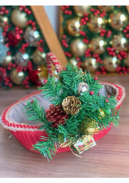 Lüks Büyük Yılbaşı Özel Tasarım Kozalak Hediye Paketi Çam Süslü Sepet Noel Kırmızı
