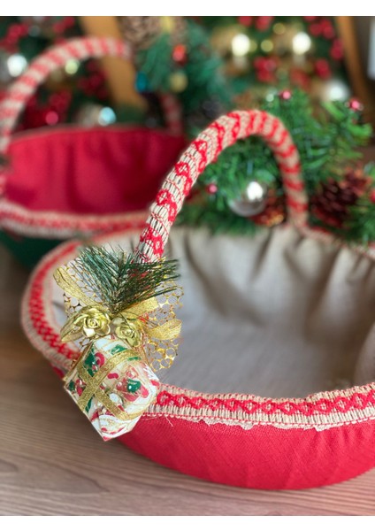 Lüks Büyük Yılbaşı Özel Tasarım Kozalak Hediye Paketi Çam Süslü Sepet Noel Kırmızı modelleri