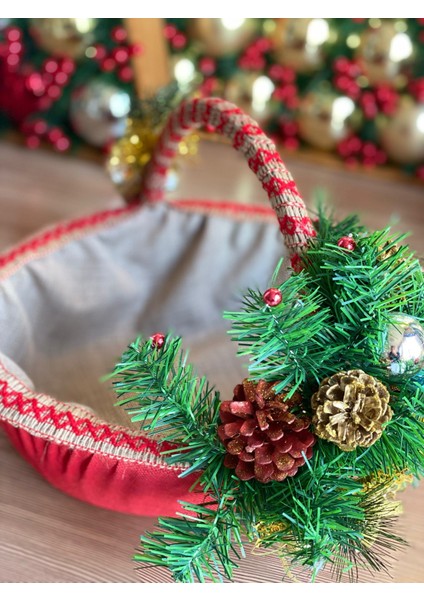 Lüks Büyük Yılbaşı Özel Tasarım Kozalak Hediye Paketi Çam Süslü Sepet Noel Kırmızı fırsatları