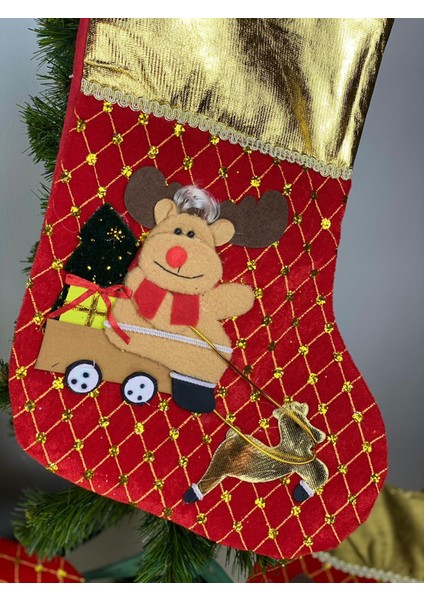 Yeni Yıl Yılbaşı Özel Lüks 3 Boyutlu Kadife Simli Geyikli Hediye Çorap Çam Ağacı Süsü Altın Varak