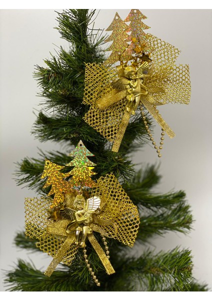 Yeni Yıl Yılbaşı Özel Çam Ağacı Sofra Dekor Sunum Büyük Altın Gold Simli Melek Süs 2li Set