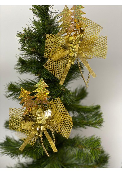 Yeni Yıl Yılbaşı Özel Çam Ağacı Sofra Dekor Sunum Büyük Altın Gold Simli Melek Süs 2li Set fiyatları