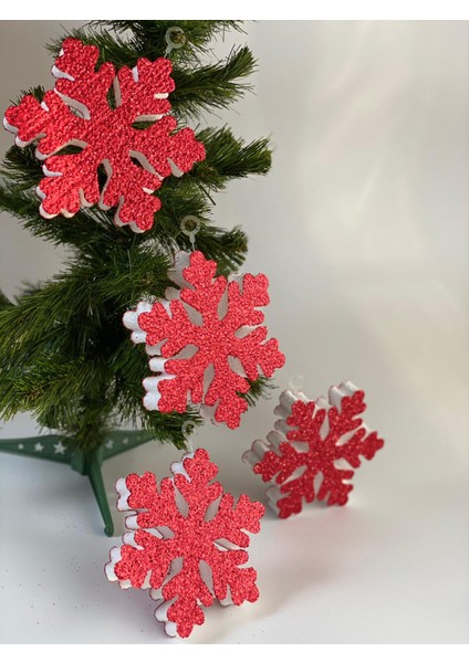 Özel 4 Lü Simli Kar Tanesi Yeni Yıl Doğumgünü Kapı Duvar Süsü Kırmızı