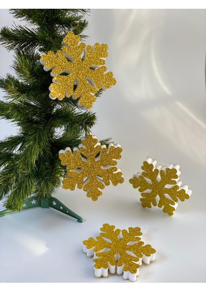 Özel 4 Lü Simli Kar Tanesi Yeni Yıl Doğumgünü Kapı Duvar Süsü Gold Altın